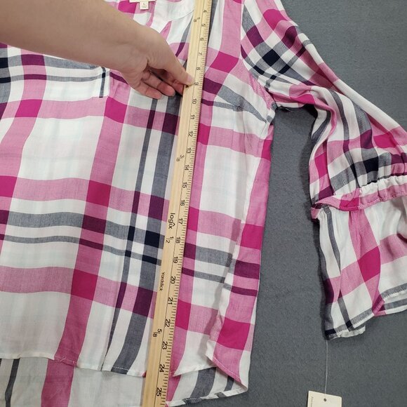 NWT MAISON JULES Womens Blouse SZ L Plaid Long Bell Sleeves Pink Lightweight - Picture 4 of 10